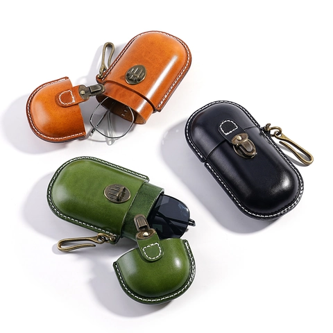 Retro Kopfschicht Rindsleder Sonnenbrillenetui Tragbare Brillen Tasche Mit Metallhaken Vintage Reise Schutz Herren Damen