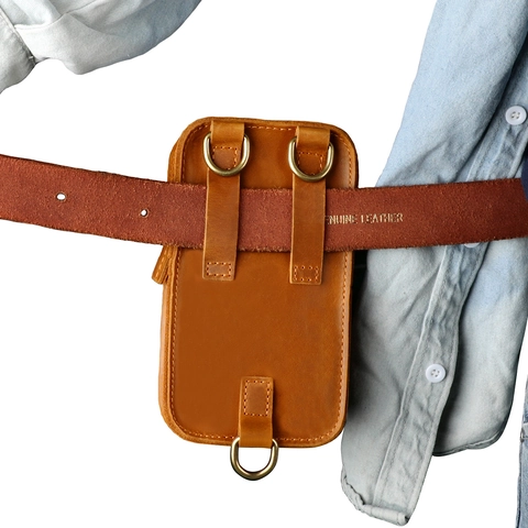 Vintage Genuine Leather Men Phone Waist Bag Crazy Horse Cowhide Crossbody Bag With Belt Loop Small Travel Phone Pouch
