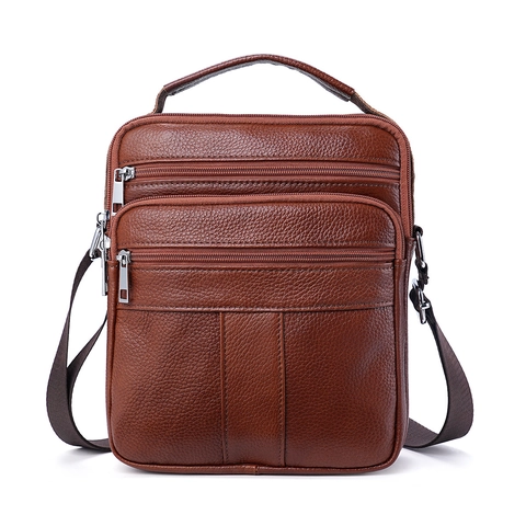 Sac Bandoulière Homme en Cuir de Vachette Pleine Fleur Grain Litchi Sac à Épaule Affaires Multi Poches Grande Capacité