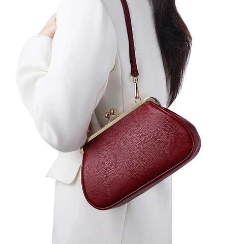 Vintage Echtes Rindsleder Klippverschluss Tasche Für Damen Retro Litschimuster Bügeltasche Umhängetasche Elegante Handtasche