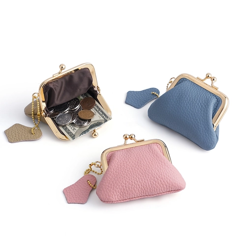 Vintage Genuine Cowhide Leather Coin Purse With Gold Kiss Lock Clasp Mini Lychee Pattern Change Pouch For Women Small Wallet