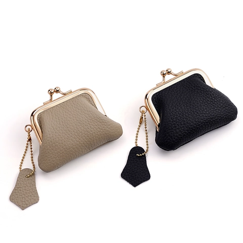 Vintage Genuine Cowhide Leather Coin Purse With Gold Kiss Lock Clasp Mini Lychee Pattern Change Pouch For Women Small Wallet