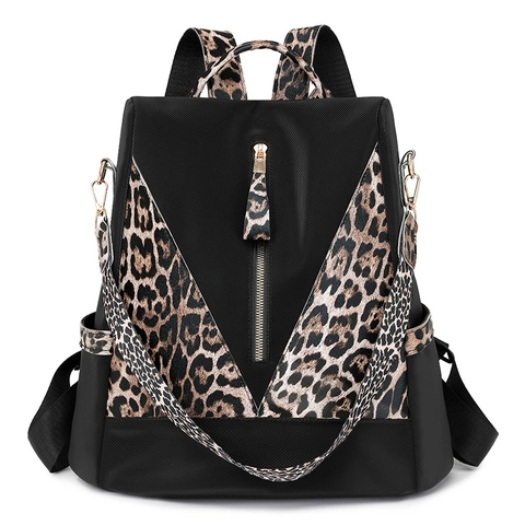 Zaino Da Donna Alla Moda Stampa Leopardata Nylon PU Multi Tasche Viaggio Scuola Grande Capacità Antifurto Versatile