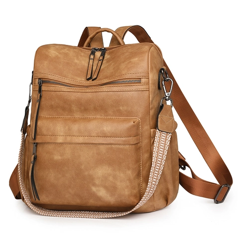 Women's Large Capacity Retro PU Leather Backpack Set With Clutch Bag Vintage Fashion Multi-Pocket Travel Bag For Lady