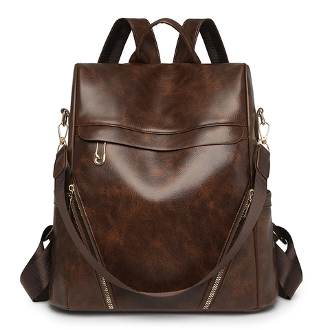Women Large Capacity PU Leather Backpack Vintage Anti-theft Travel Shoulder Bag Two-Way Multi-functional Urban Fashion Daypack