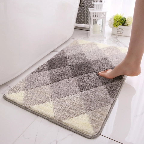 Modern Geometric Argyle Flocked Bathroom Rug Non-Slip Absorbent Bath Mat Soft Machine Washable Floor Carpet For Home Decor