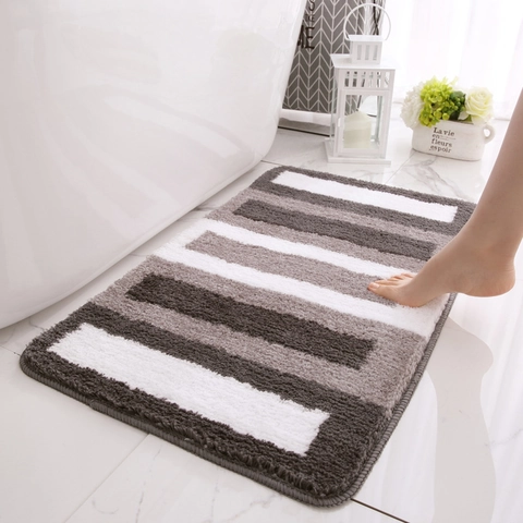 Modern Striped Soft Plush Bath Mat Absorbent Anti-Slip Flocking Bathroom Rug Machine Washable Home Floor Mat Shower Rug