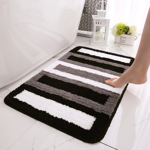 Modern Striped Soft Plush Bath Mat Absorbent Anti-Slip Flocking Bathroom Rug Machine Washable Home Floor Mat Shower Rug