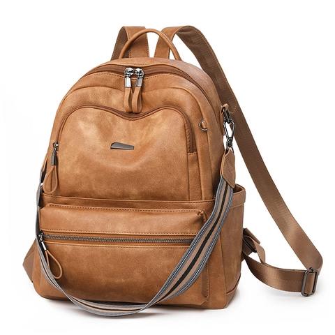 Vintage PU Leather Backpack For Women Large Capacity Multi Pocket Casual Rucksack With Striped Strap