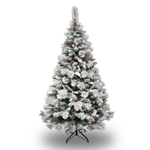 Kunstmatige Gevlokte Kerstboom Met Sneeuw Dennenappels Rode Bessen Metalen Standaard Grote Kerstboom Voor Vakantie Decoratie