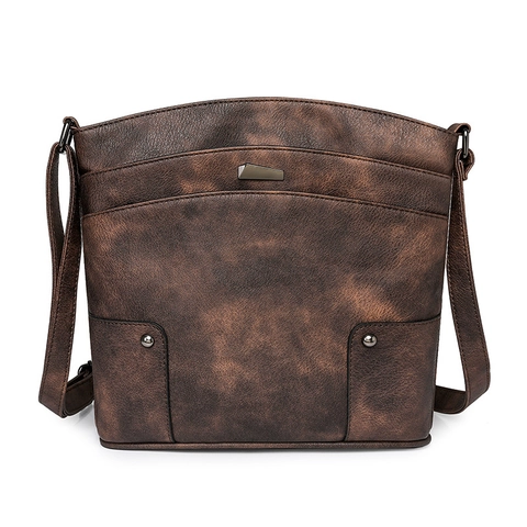 Women Vintage Shoulder Crossbody Bag PU Leather Multi Layer Pocket Rivet Decor Adjustable Strap Casual Daily Style