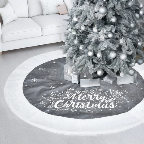 Gonna Per Albero Di Natale Tessuto Grigio Bordo Pelliccia Sintetica Bianca Stampa Lettere Merry Christmas Ornamento