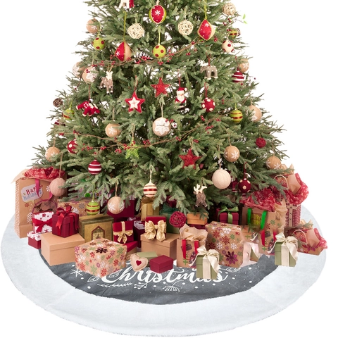 Gray Christmas Tree Skirt With White Faux Fur Border Merry Christmas Letter Print Holiday Home Decoration Tree Base Cover