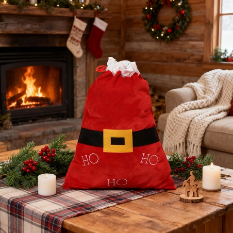 Große Rote Stoff Weihnachtliche Geschenktüte Weihnachtsmann-Gürtel Design Mit Ho Ho Ho Kordelzug Sack Feiertag Party Deko