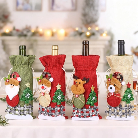 Kerst Wijnfleshoes Linnenimitatie Polyester Trekkoord Tas Met 3D Kerstman Sneeuwpop Rendier Beer Pop Tafeldecoratie