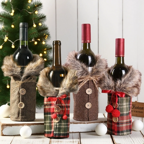 Christmas Wine Bottle Cover Plaid Herringbone Pattern With Faux Fur Collar Wooden Buttons Festive Table Decoration Wine Bottle Bag