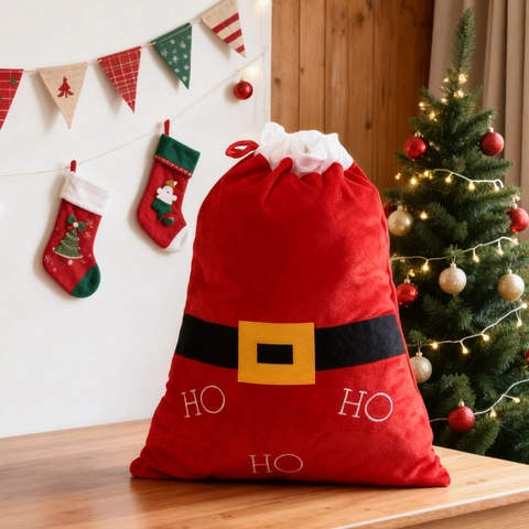 Sacco di Natale Grande per Regali Babbo Natale Con Cintura Lettera HO HO HO Coulisse Velluto Poliestere Borse da Festa