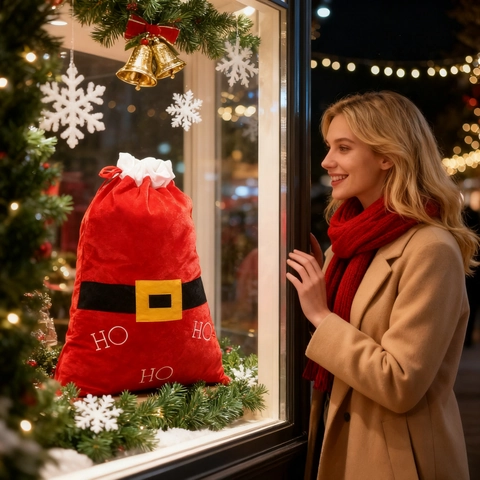 Große Rote Stoff Weihnachtliche Geschenktüte Weihnachtsmann-Gürtel Design Mit Ho Ho Ho Kordelzug Sack Feiertag Party Deko