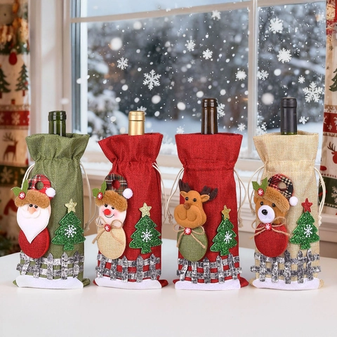 Funda de Botella de Vino de Arpillera de Navidad Bolsa Papá Noel Muñeco de Nieve Reno Oso Muñeco Decoración de Mesa Regalo