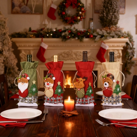 Kerst Wijnfleshoes Linnenimitatie Polyester Trekkoord Tas Met 3D Kerstman Sneeuwpop Rendier Beer Pop Tafeldecoratie