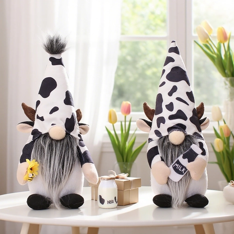 Cow Theme Faceless Gnome Doll Plush Desktop Ornament With Sunflower Milk Bottle Black White Cow Print Pastoral Decor Gift