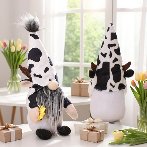 Cow Theme Faceless Gnome Doll Plush Desktop Ornament With Sunflower Milk Bottle Black White Cow Print Pastoral Decor Gift