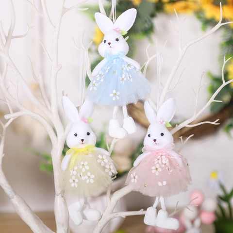 Pendaglio di Peluche a Forma di Coniglietto Pasquale Con Vestito Floreale in Rete Decorazione Appesa per Festa di Casa