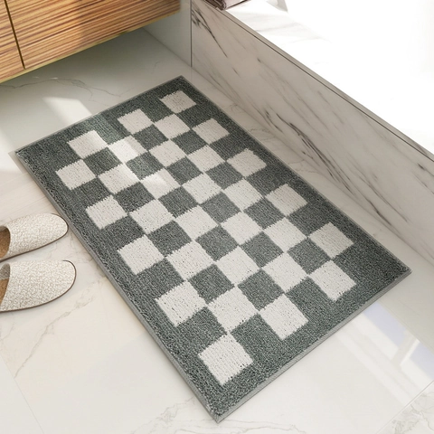 Tapis de Bain Damier Rétro Flocage Épaissi Absorbant Antidérapant Fond TPR Pour Salle de Bain Entrée Décoration Maison