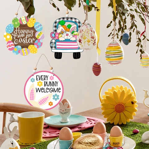 Targhe Appese in Legno Pasquale Happy Easter Coniglio Auto Uovo Pendenti in Legno per Decorazione Casa Porta Parete