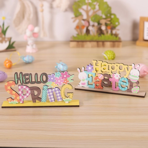 Pascua Conejo Madera Escritorio Decoración Happy Easter Hello Spring Letra Madera Placa Para Home Party Mesa Decor