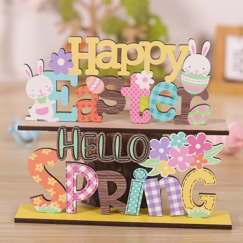 Pascua Conejo Madera Escritorio Decoración Happy Easter Hello Spring Letra Madera Placa Para Home Party Mesa Decor