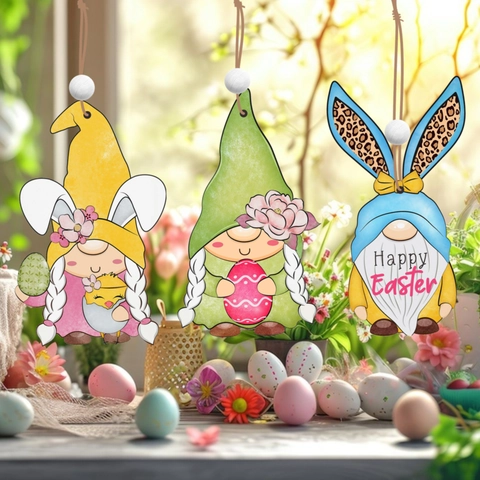 Felice Pasqua Gnomo di Legno Decorazione da Appendere Orecchie da Coniglio Uovo Leopardo Bambola per Casa Festa Ornamento