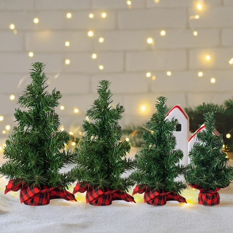Mini Artificial Christmas Tree Tabletop Desktop Ornament PVC Needles Red Black Buffalo Plaid Cloth Base Festive Holiday Home Decor
