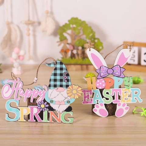 Insegna da Appendere in Legno di Pasqua Primavera Simpatico Gnomo Coniglio Hoppy Easter Happy Spring Targa per Porta Parete Casa Festa Regalo