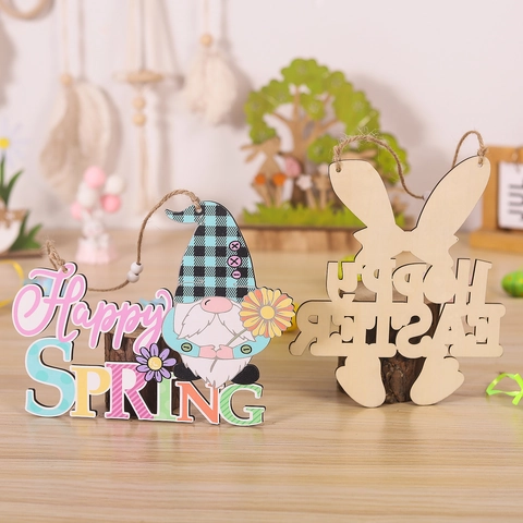 Ornamento Sospeso Pasquale in Legno Targa Happy Spring Gnomo Hoppy Easter Coniglio Per Decorazione Parete Porta Casa Festa