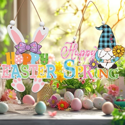 Insegna da Appendere in Legno di Pasqua Primavera Simpatico Gnomo Coniglio Hoppy Easter Happy Spring Targa per Porta Parete Casa Festa Regalo