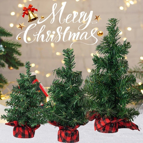 Mini Artificial Christmas Tree Tabletop Desktop Ornament PVC Needles Red Black Buffalo Plaid Cloth Base Festive Holiday Home Decor