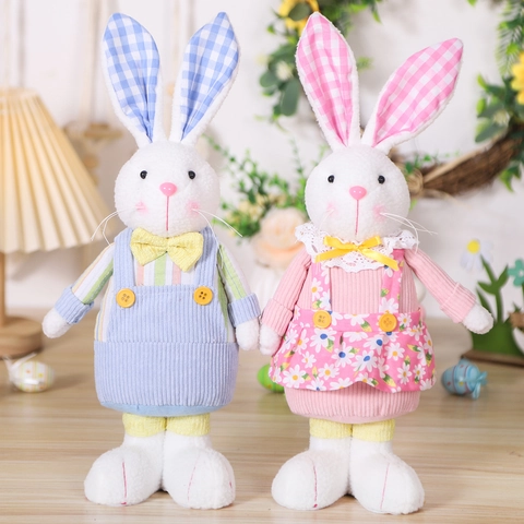 Bambola di Peluche Coniglio di Pasqua Fatta a Mano Orecchie Gingham Vestito Floreale Coppia Regalo Decorazione Casa