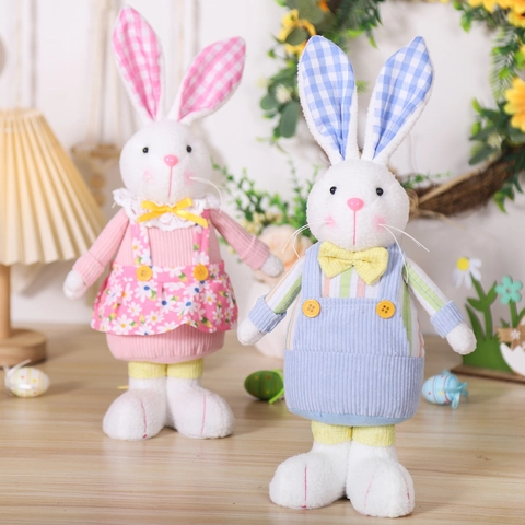Bambola di Peluche Coniglio di Pasqua Fatta a Mano Orecchie Gingham Vestito Floreale Coppia Regalo Decorazione Casa