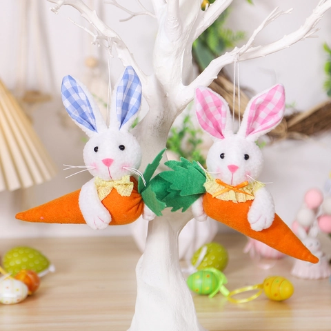 Easter Bunny Plush Pendant With Carrot Pink Blue Gingham Ears Rabbit Hanging Ornament For Holiday Home Party Decoration