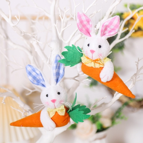 Pendaglio di Peluche del Coniglietto di Pasqua Con Carota Orecchie Gingham Rosa Blu Decorazione per Festa di Casa