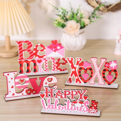 Valentine's Day Wooden Tabletop Ornament Love Heart Letter Sign Pink Red Plaque For Home Desktop Decor XOXO Be Mine Gift