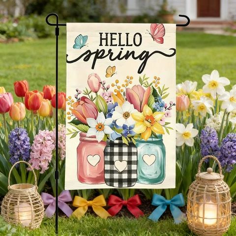 Bandera de Jardín de Pascua de Doble Cara Lino Conejo de Primavera Patrón Floral Decoración Colgante Exterior Sin Mástil