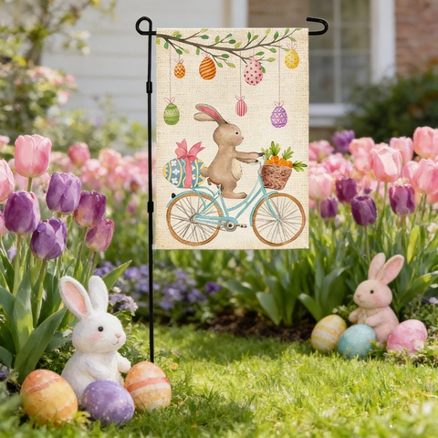 Bandera de Jardín de Pascua de Doble Cara Lino Conejo de Primavera Patrón Floral Decoración Colgante Exterior Sin Mástil