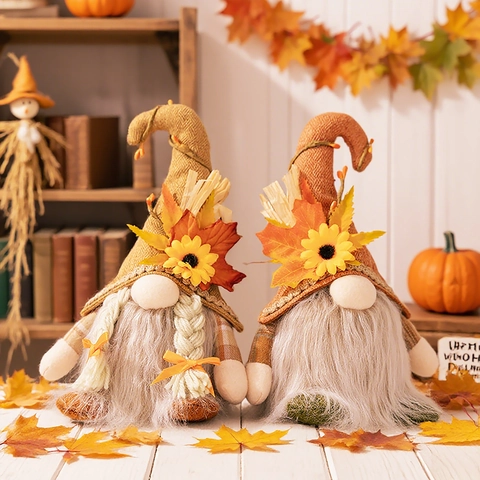 Muñeco Gnomo LED Iluminado Fiesta de la Cosecha Girasol Hoja de Arce Lino Gnomos de Otoño Adorno Felpa para Decoración