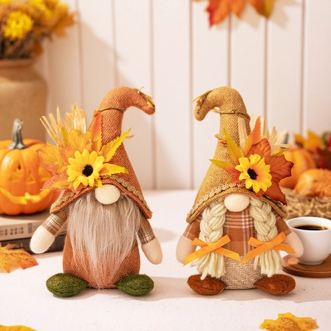 Harvest Thanksgiving Gnome Plush Doll With Sunflower Maple Leaf Autumn Farmhouse Decor Fall Gnome Figurine Home Table Decoration
