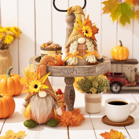 Harvest Thanksgiving Gnome Plush Doll With Sunflower Maple Leaf Autumn Farmhouse Decor Fall Gnome Figurine Home Table Decoration