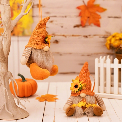 Harvest Festival Gnome Hanging Decorations Autumn Maple Leaf Sunflower Knitted Hat Dwarf Plush Doll For Thanksgiving Party Home Decor