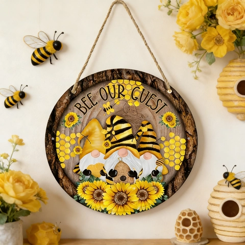 Bee Our Guest Insegna Da Appendere In Legno Gnomo Girasole Decorazione Targa Parete Arredo Rustico