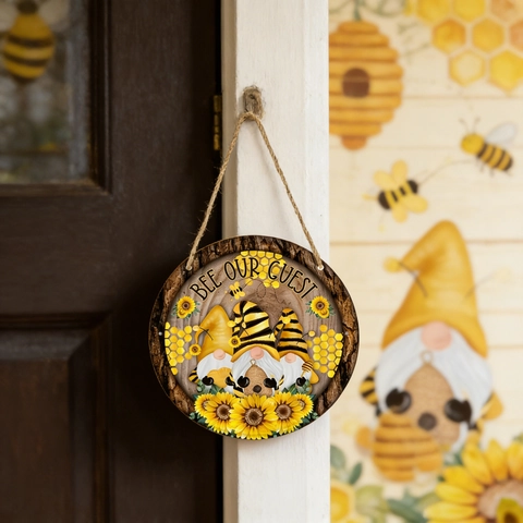 Bee Our Guest Insegna Da Appendere In Legno Gnomo Girasole Decorazione Targa Parete Arredo Rustico